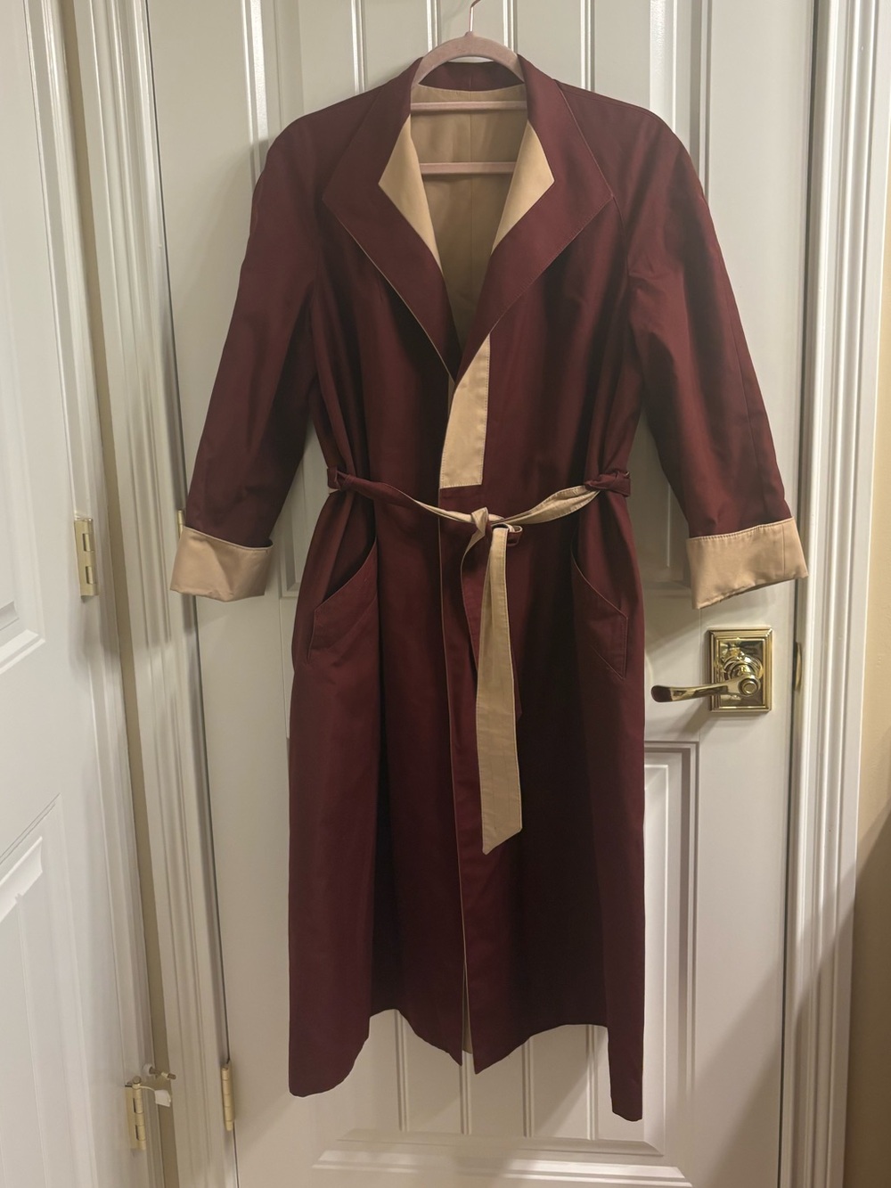 Etienne Aigner Beige Burgundy Vintage 70’s 80’s Reversible Trench Coat Belted 8